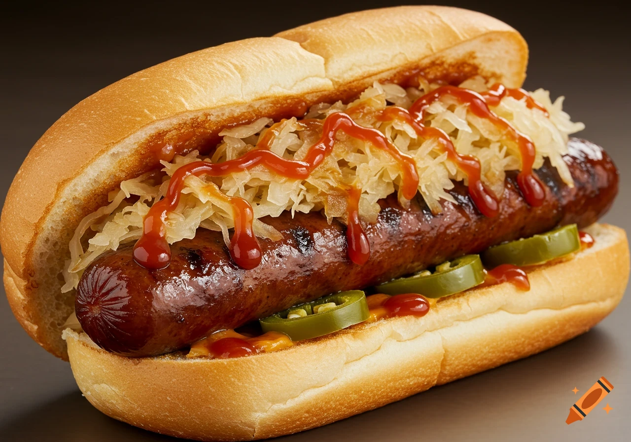 Close-up of a hot dog with sauerkraut, ketchup, and sliced jalapeños in a bun.