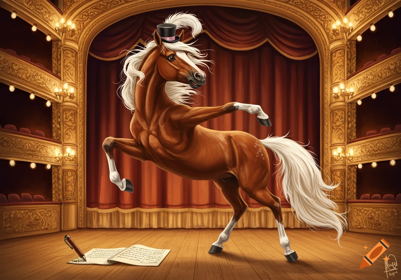 A horse in a top hat does a ballet pose on a stage in a theater.