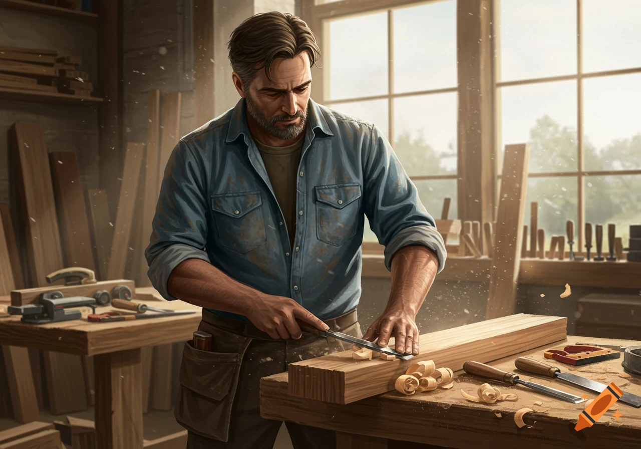 A man uses a chisel to carve wood in a workshop.
