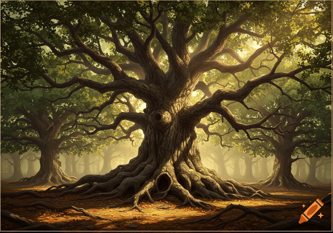 Digital painting of a large oak tree with exposed roots in a sunlit forest, with smaller trees in the background.