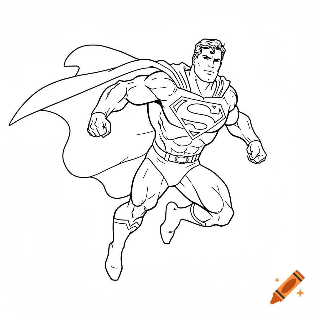 Black and white line drawing of Superman flying with his cape trailing.