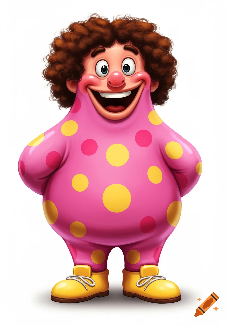 Cartoon character with pink polka dot body, curly brown hair, and yellow shoes