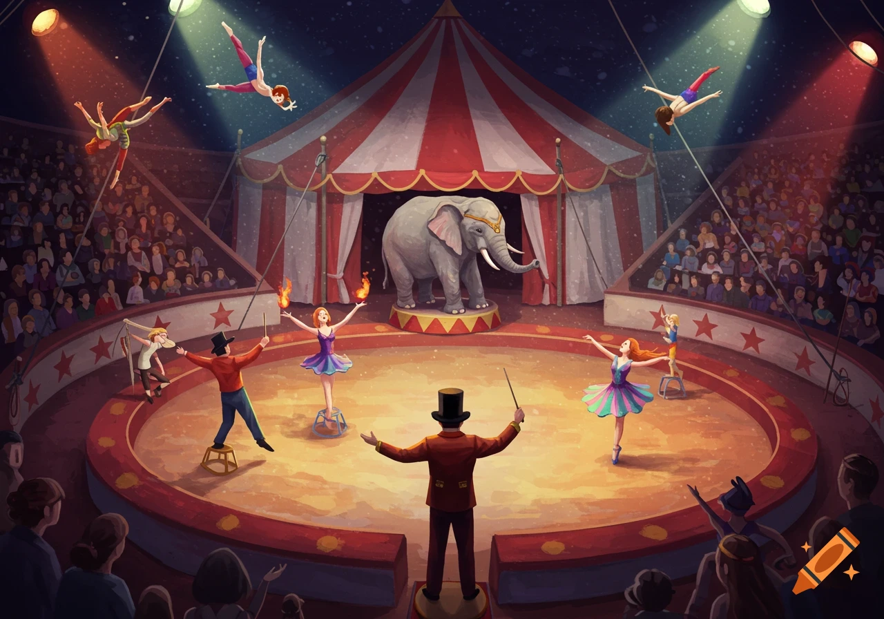 Illustration of a circus performance with acrobats, dancers, ringmaster, and elephant in the ring under spotlights, with audience watching.