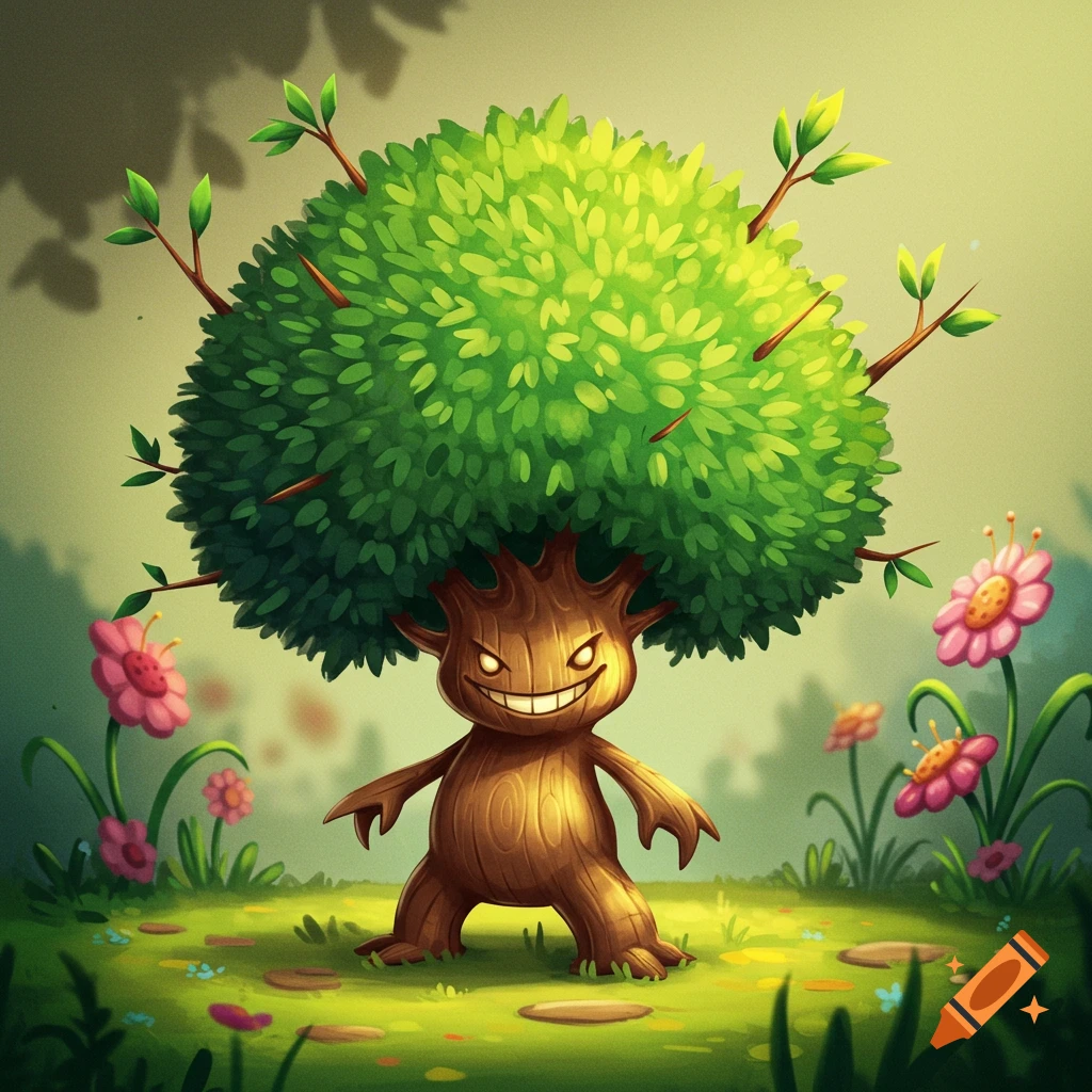 A small, cartoonish tree creature with a creepy smile stands in a field of flowers.