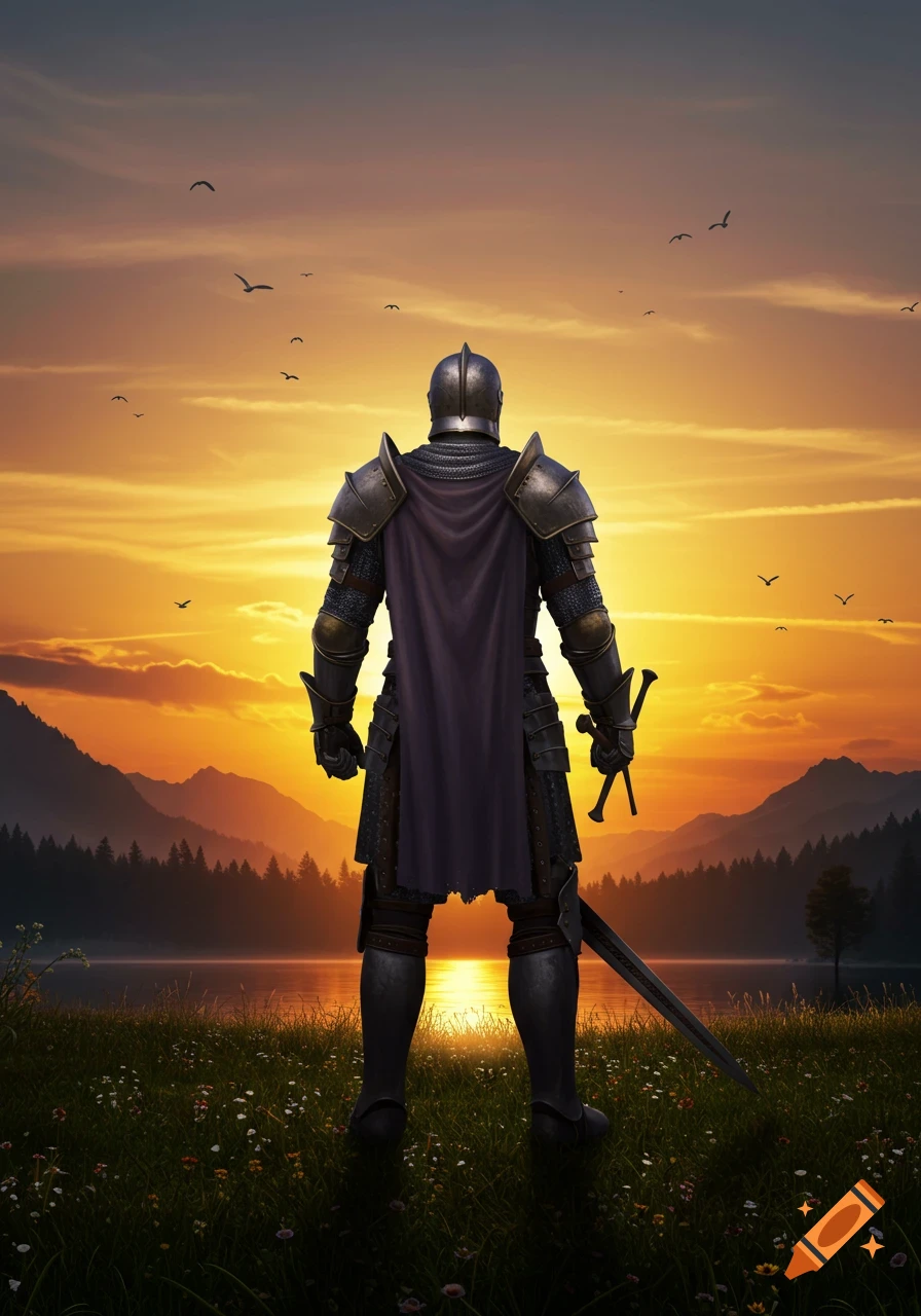 A knight in armor stands with his back to the viewer, watching the sunset over mountains and a lake.