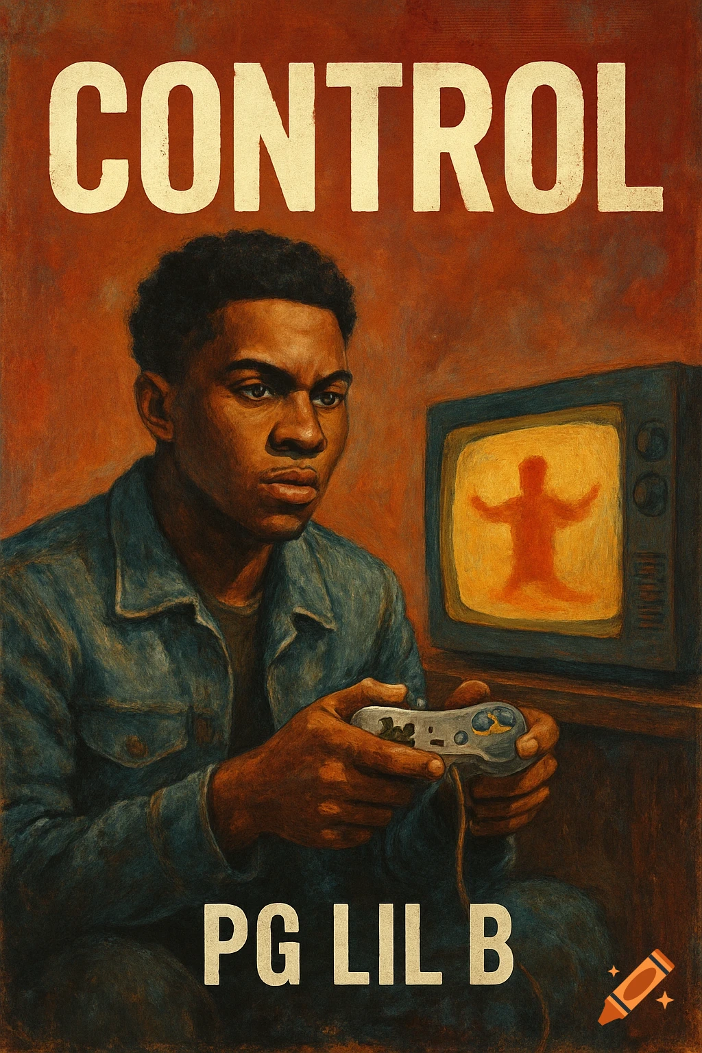 Vintage style painting of a person playing a video game on an old TV screen with text 'CONTROL' and 'PG LIL B'.