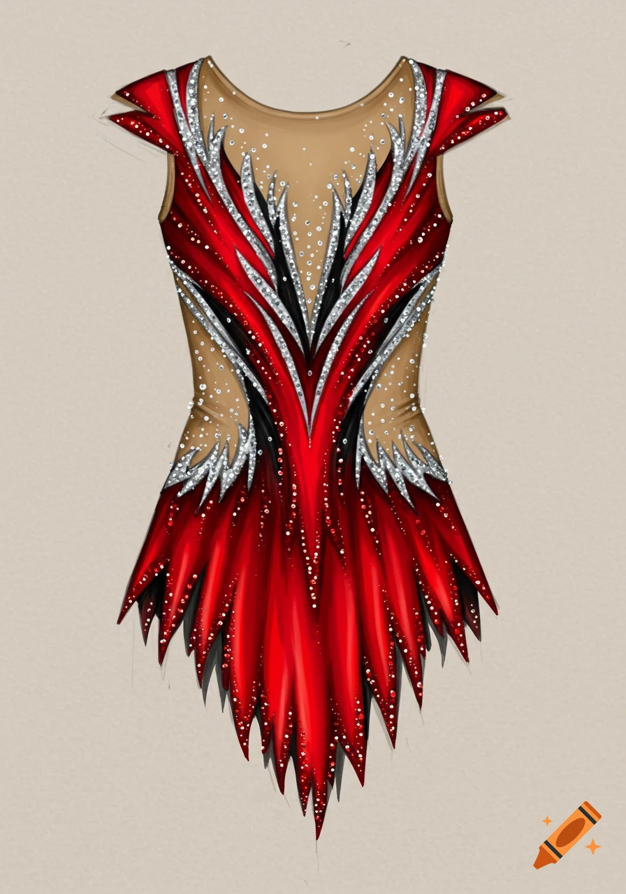Digital drawing of a red, silver, and black skirted leotard design.