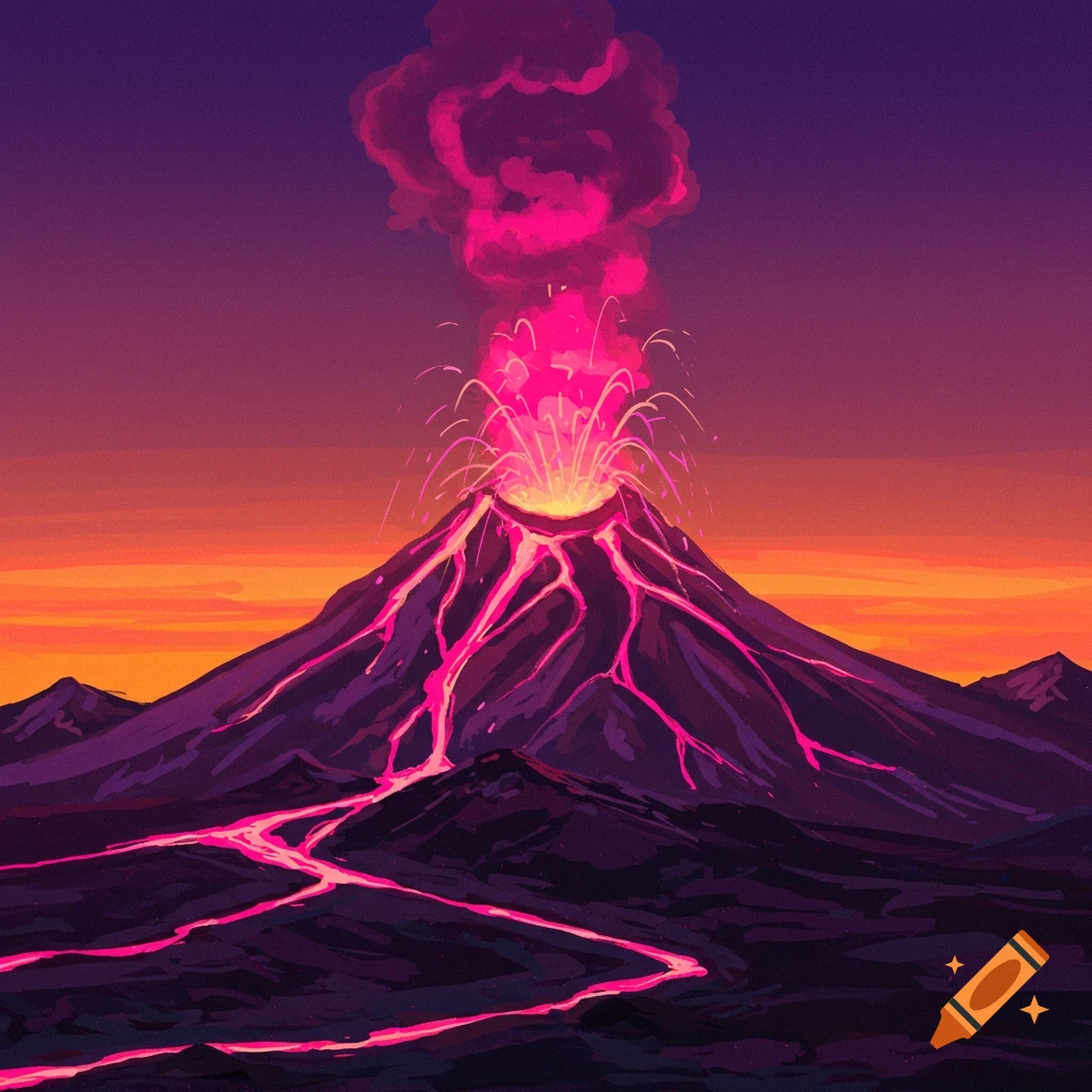 A pink volcano erupting against an orange and purple sky.