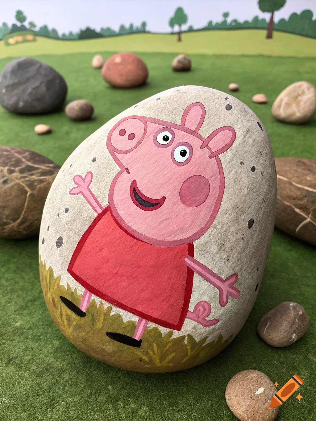 A rock painted with Peppa Pig sits in a grassy field with other rocks and painted trees.