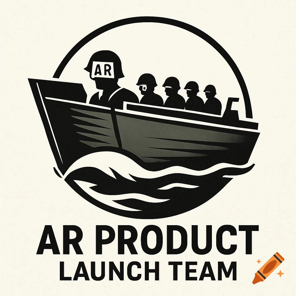 Black and white logo of a boat carrying silhouetted figures in helmets, with text "AR PRODUCT LAUNCH TEAM".