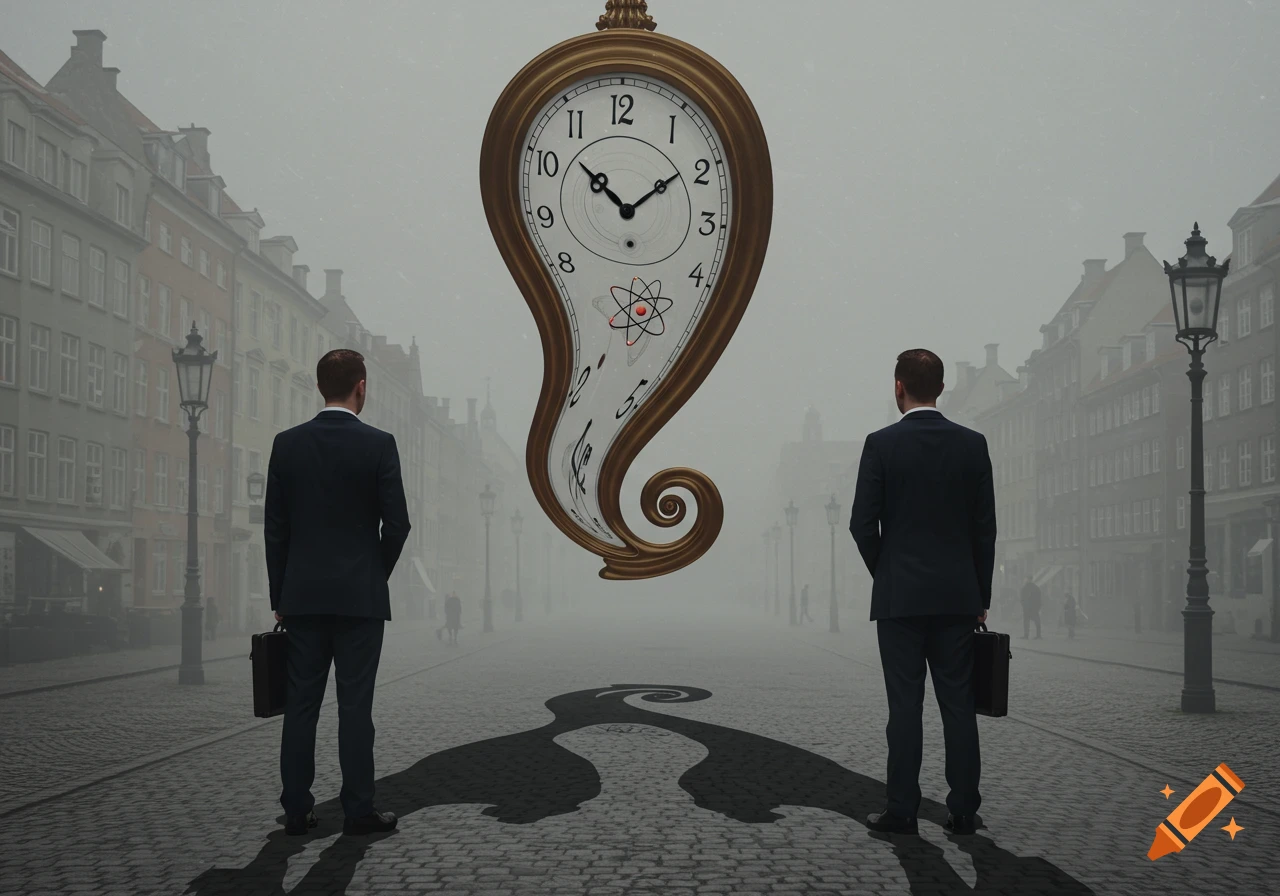 Two suited men stand on a foggy street looking at a large, melting clock with an atom symbol, surreal style.
