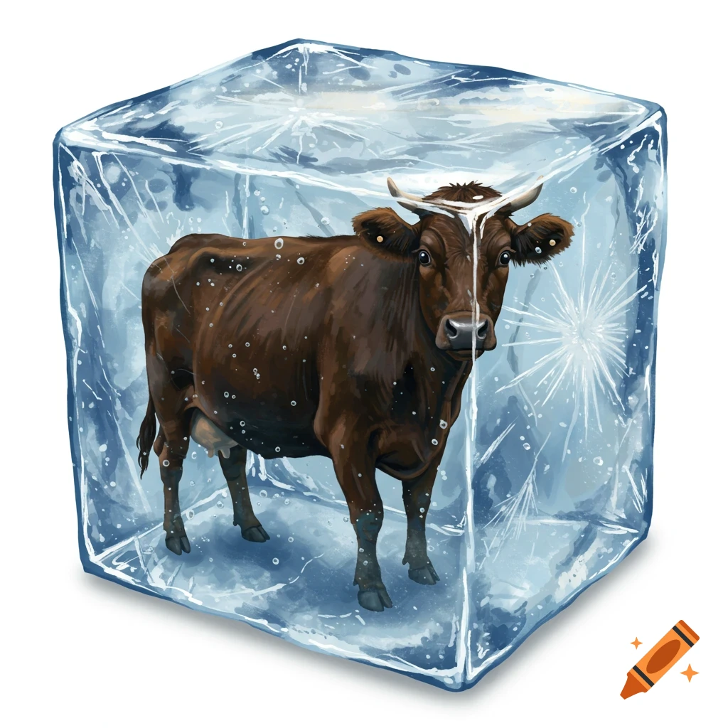 A brown cow frozen inside a large ice cube, illustration