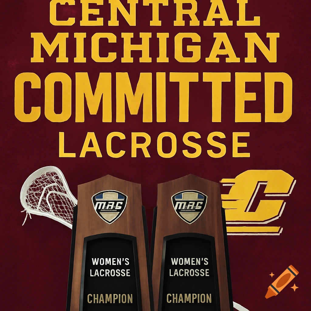 Text reads Central Michigan Committed Lacrosse with two Women's Lacrosse MAC Champion trophies and a lacrosse stick head.