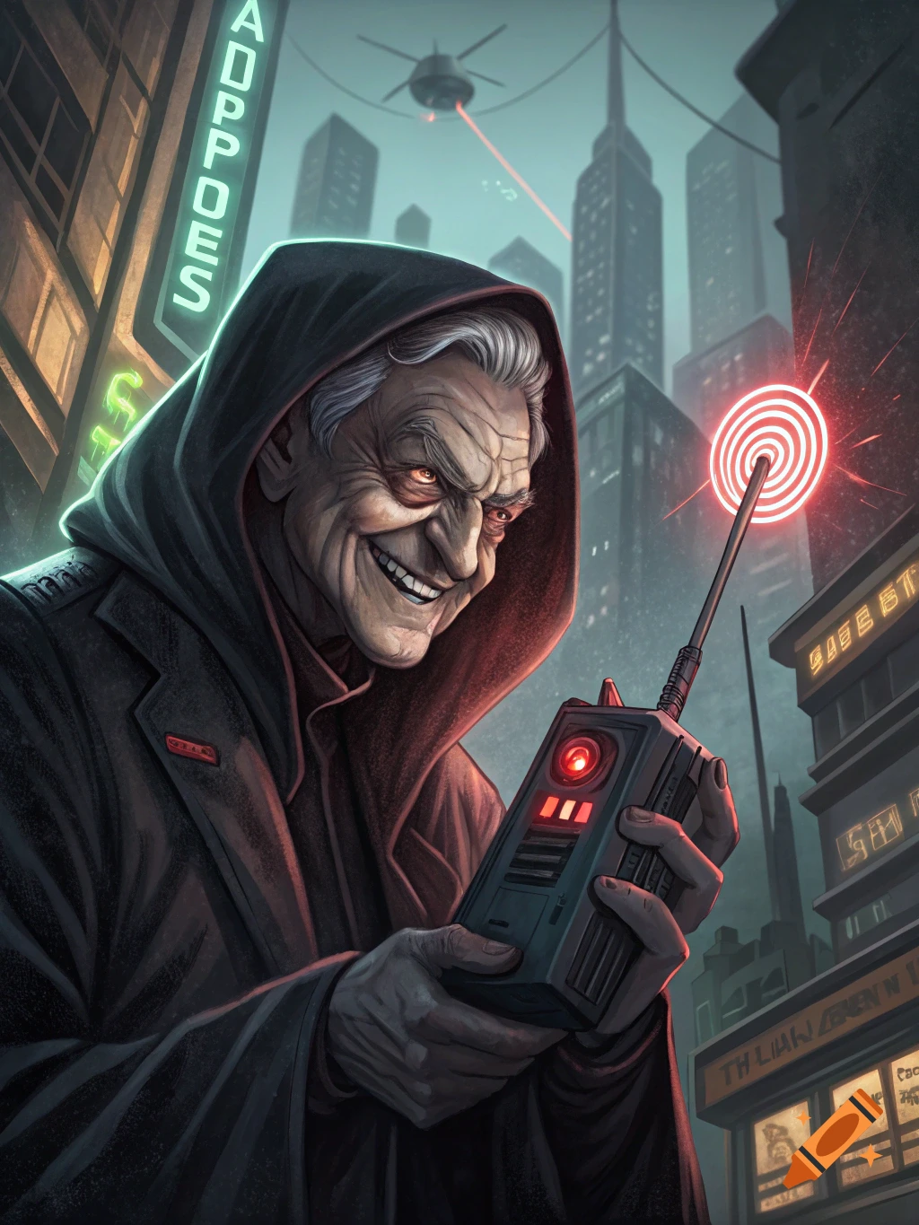 Villainous old man in a hooded cloak holding a radio in a futuristic cityscape.