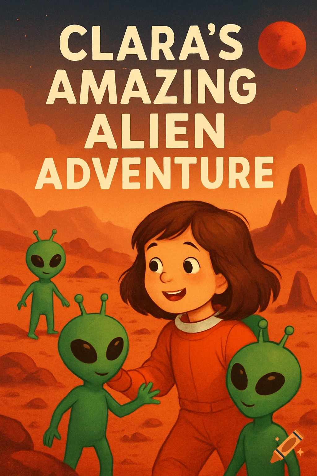 Book cover illustration of a girl with three green aliens on Mars.