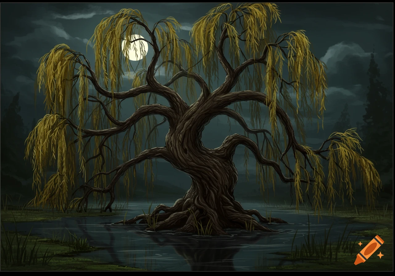 A gnarled willow tree stands in a swamp under a full moon at night, digital art style.