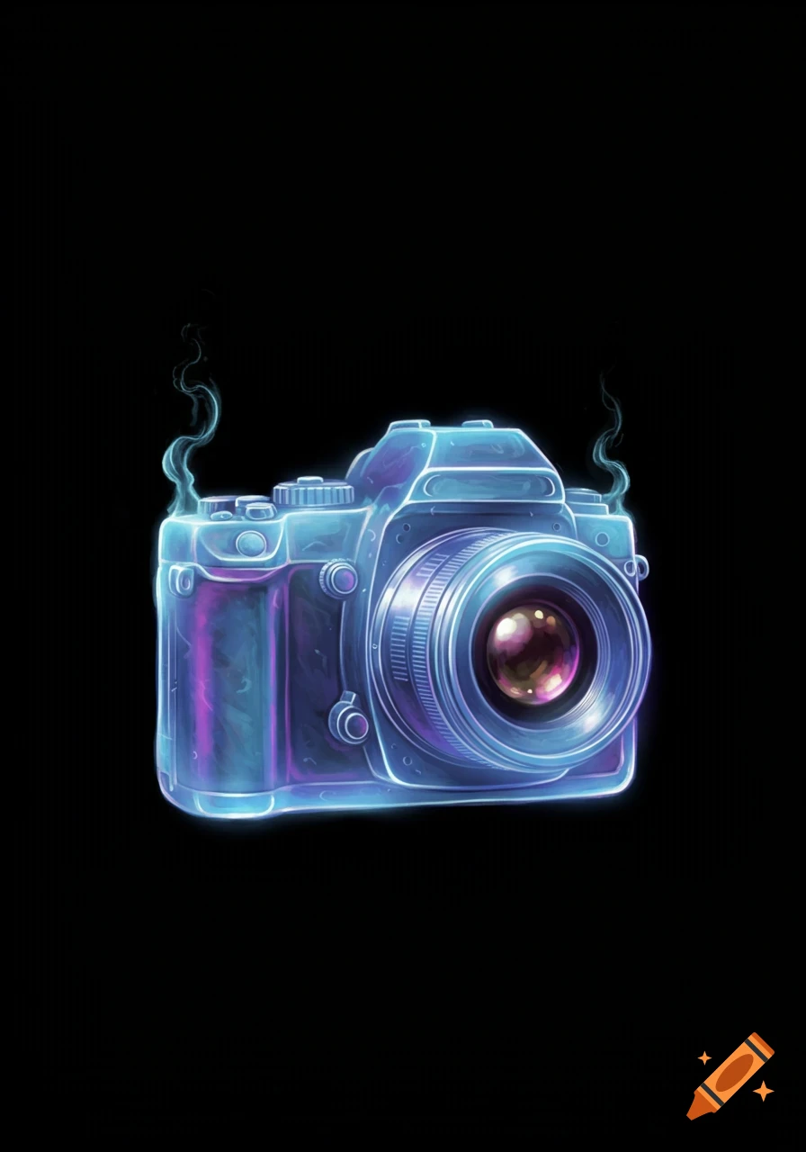 A digital illustration of a glowing blue and purple camera with smoke rising from it on a black background.