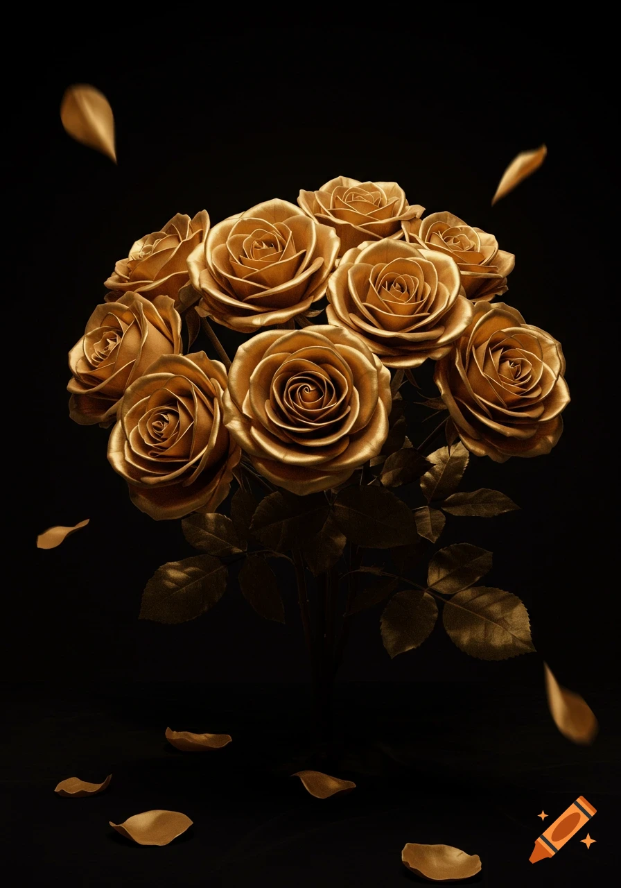 Golden roses bouquet on a dark background with falling petals