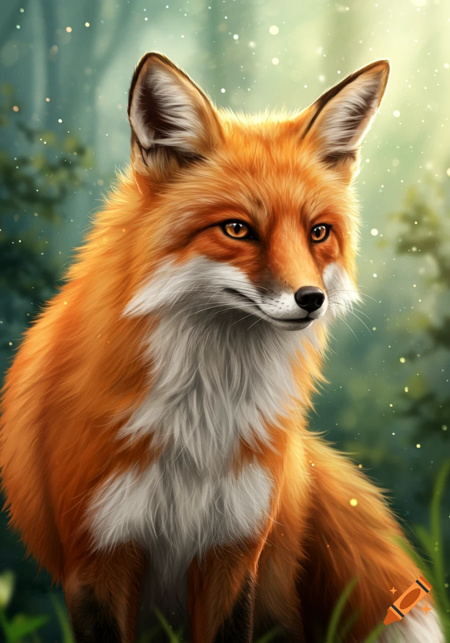 Digital art portrait of a red fox in a forest.