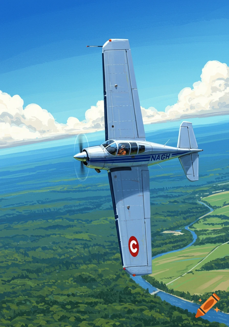 Illustration of a light aircraft flying upside down over green land and a river under a blue sky.