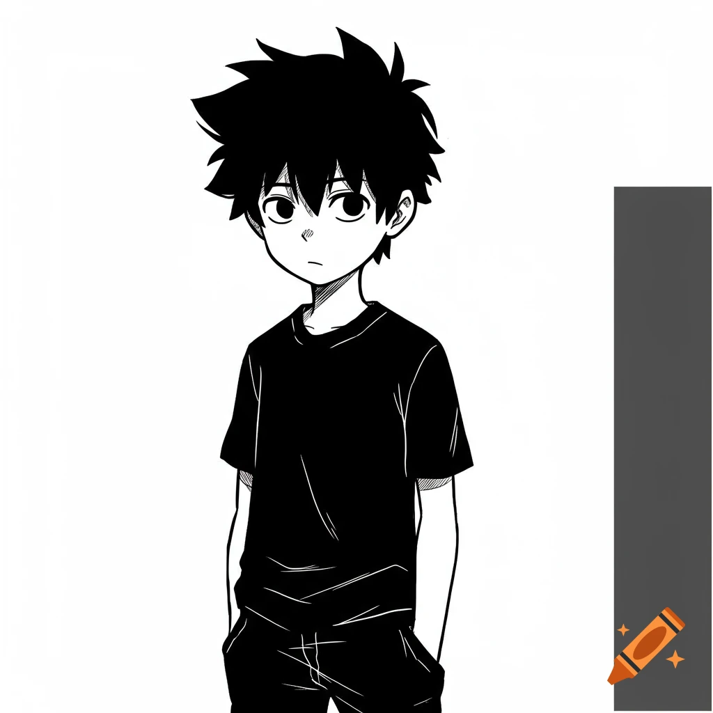 A black and white manga drawing of a young boy standing with his hands in his pockets.