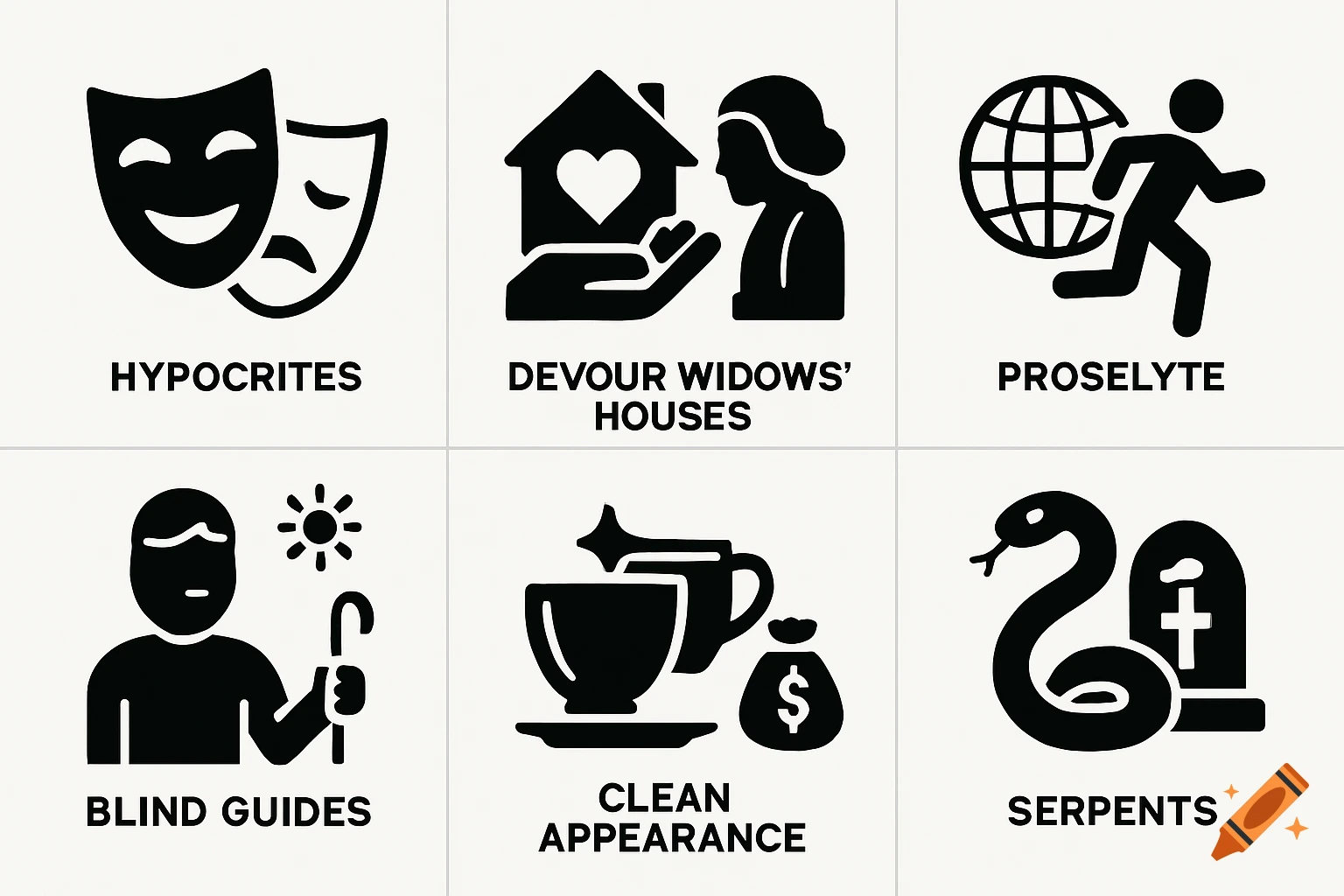 Grid of six black and white icons representing biblical woes, each with a label.