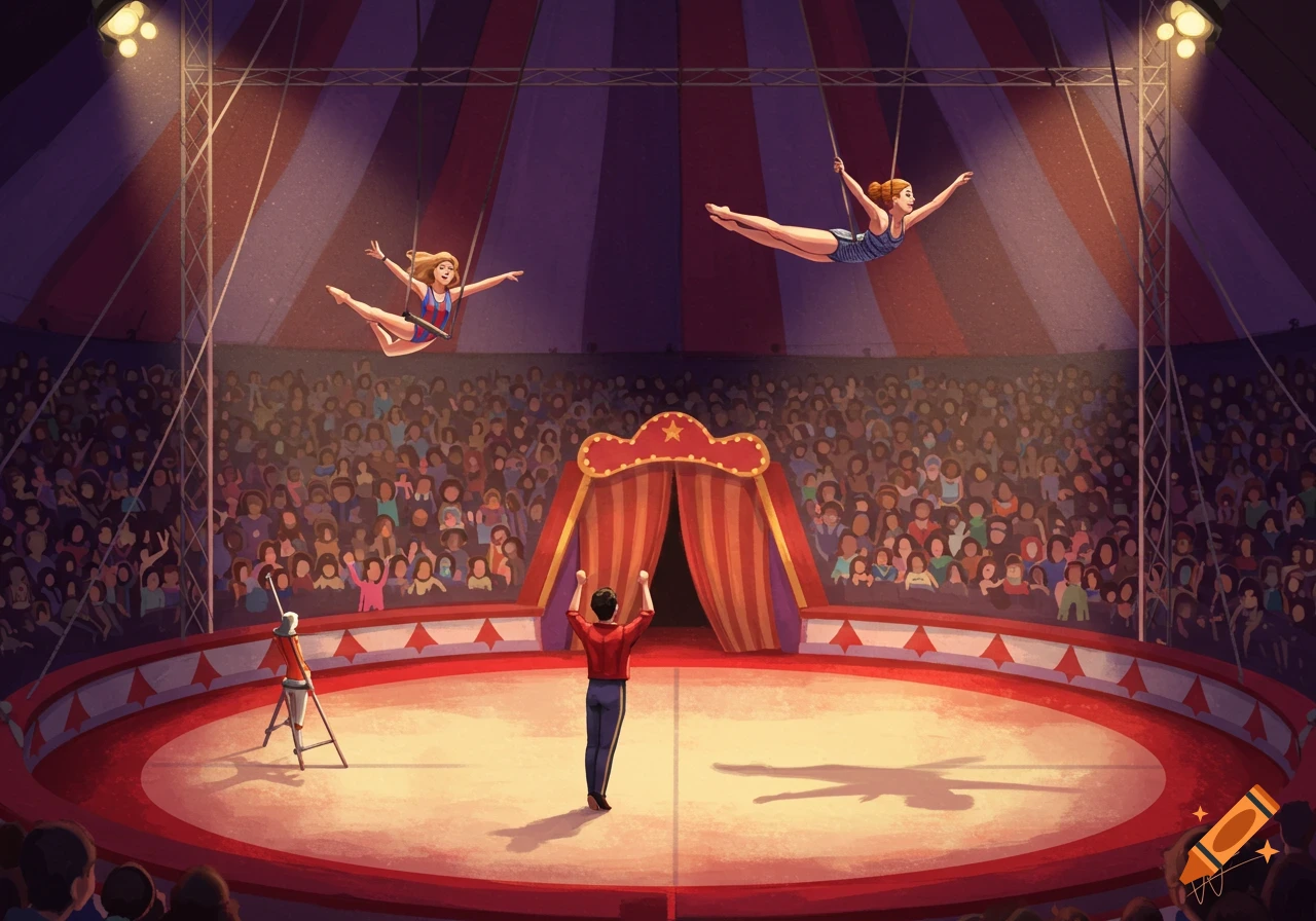 Illustration of two trapeze artists swinging above a ringmaster in a circus tent with an audience.