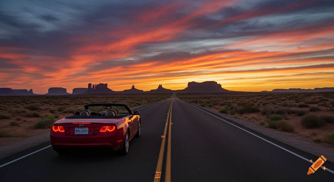 Red convertible driving on a desert road at sunset, mountains in background.