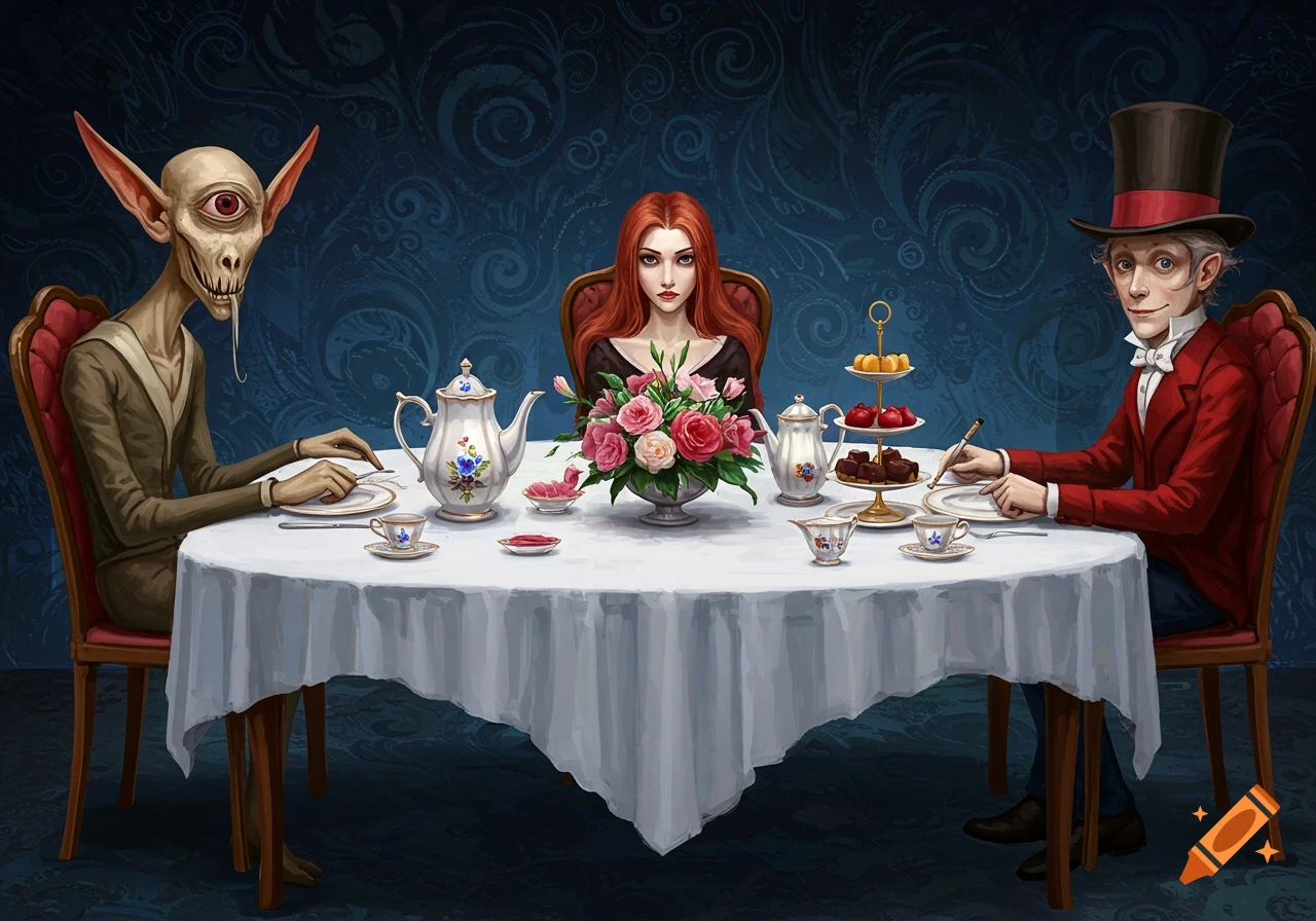 A surreal tea party with a red-haired woman, a one-eyed creature, and a man in a top hat.