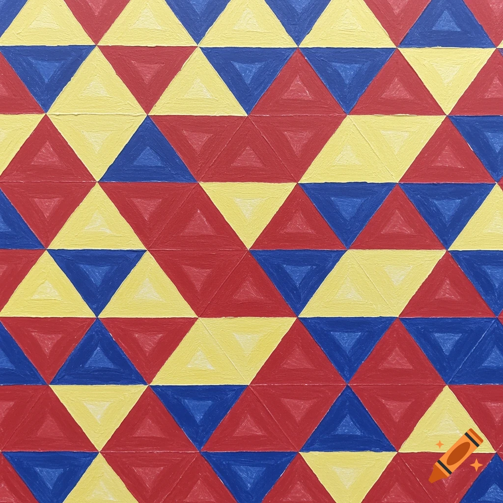 A seamless pattern of red, blue, and yellow triangles arranged in a geometric grid, with a painted texture.