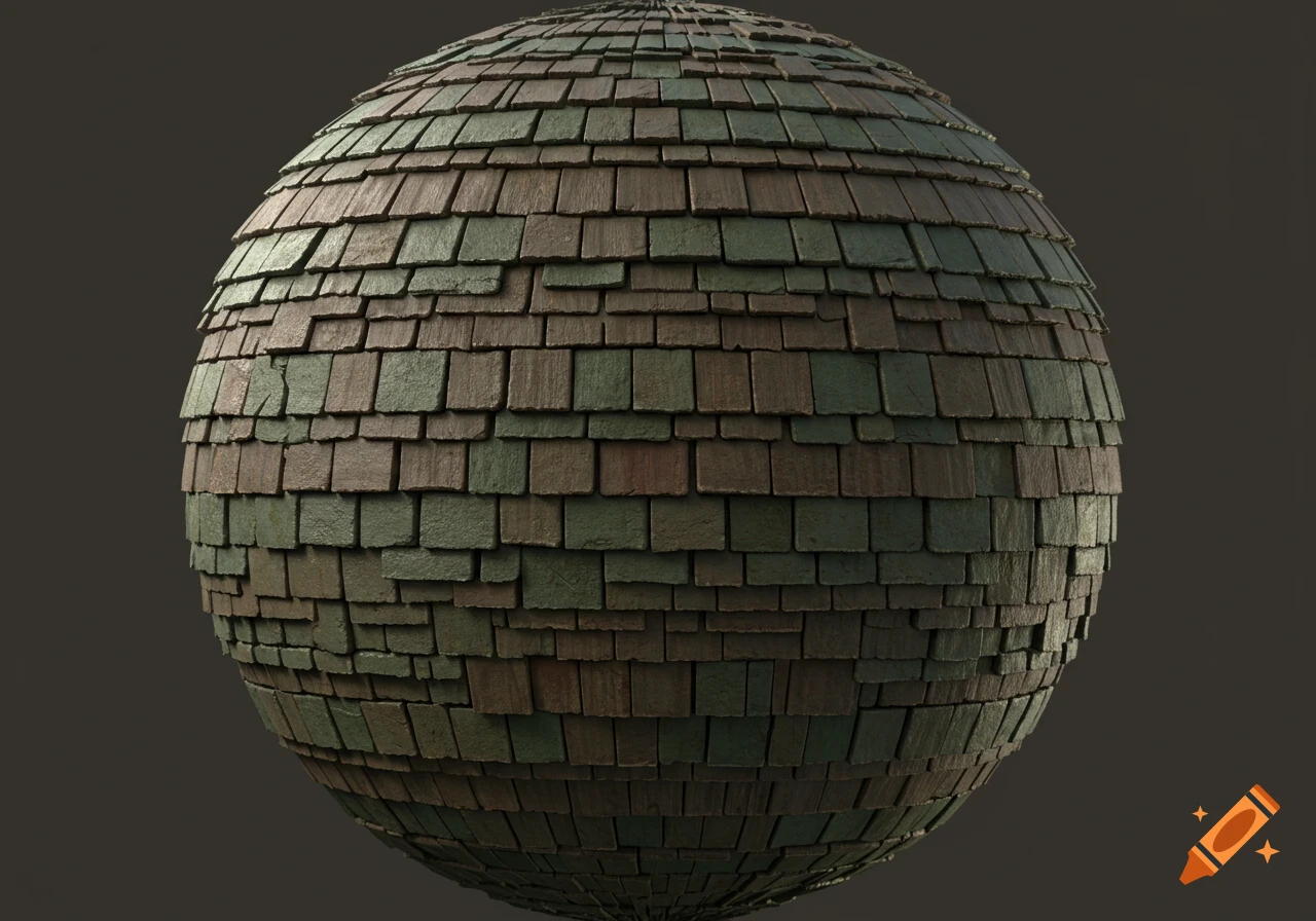 A sphere covered in brown and green roof shingles on a dark background.