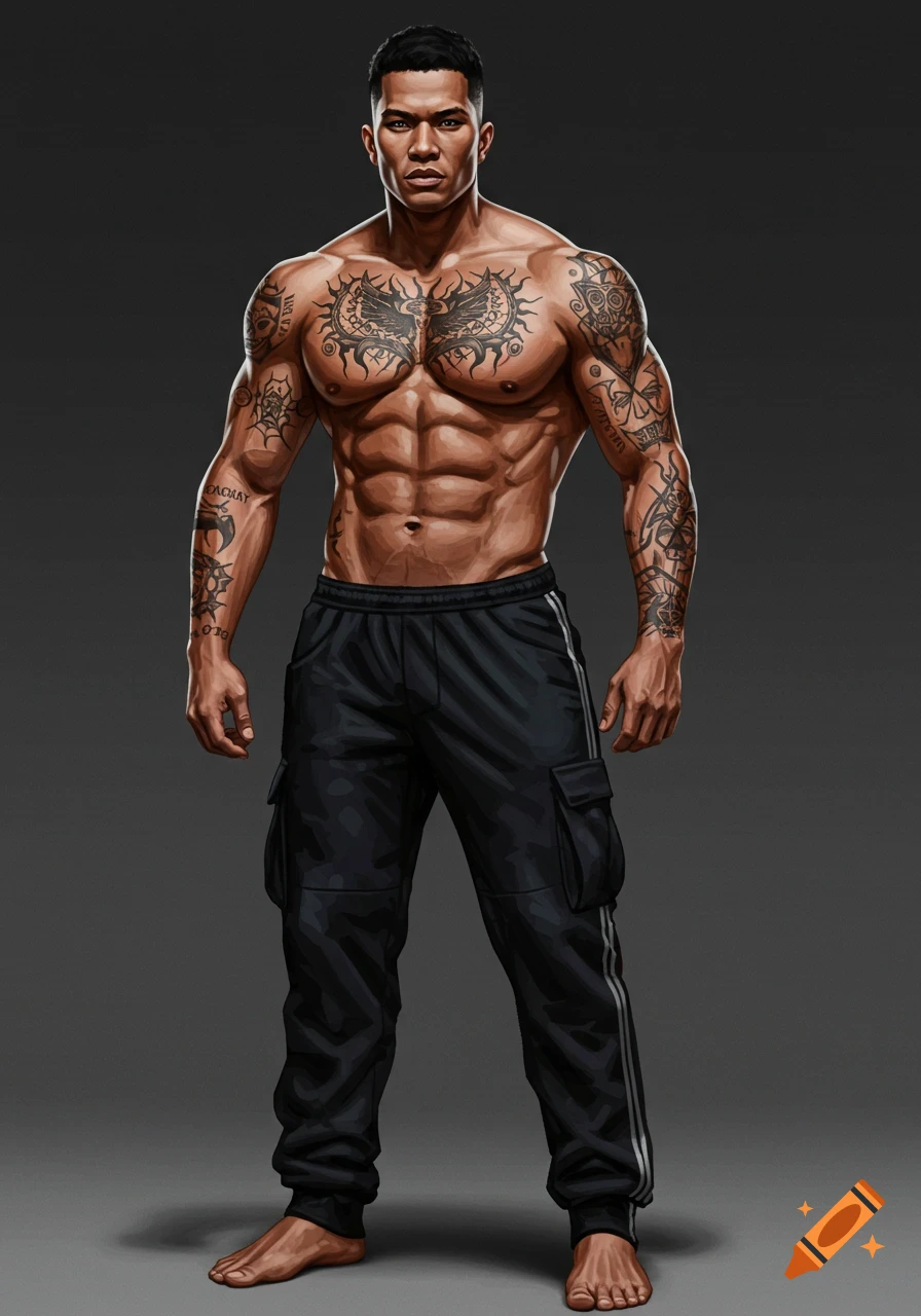 An illustration of a muscular man covered in many tattoos, wearing black cargo pants and standing barefoot.
