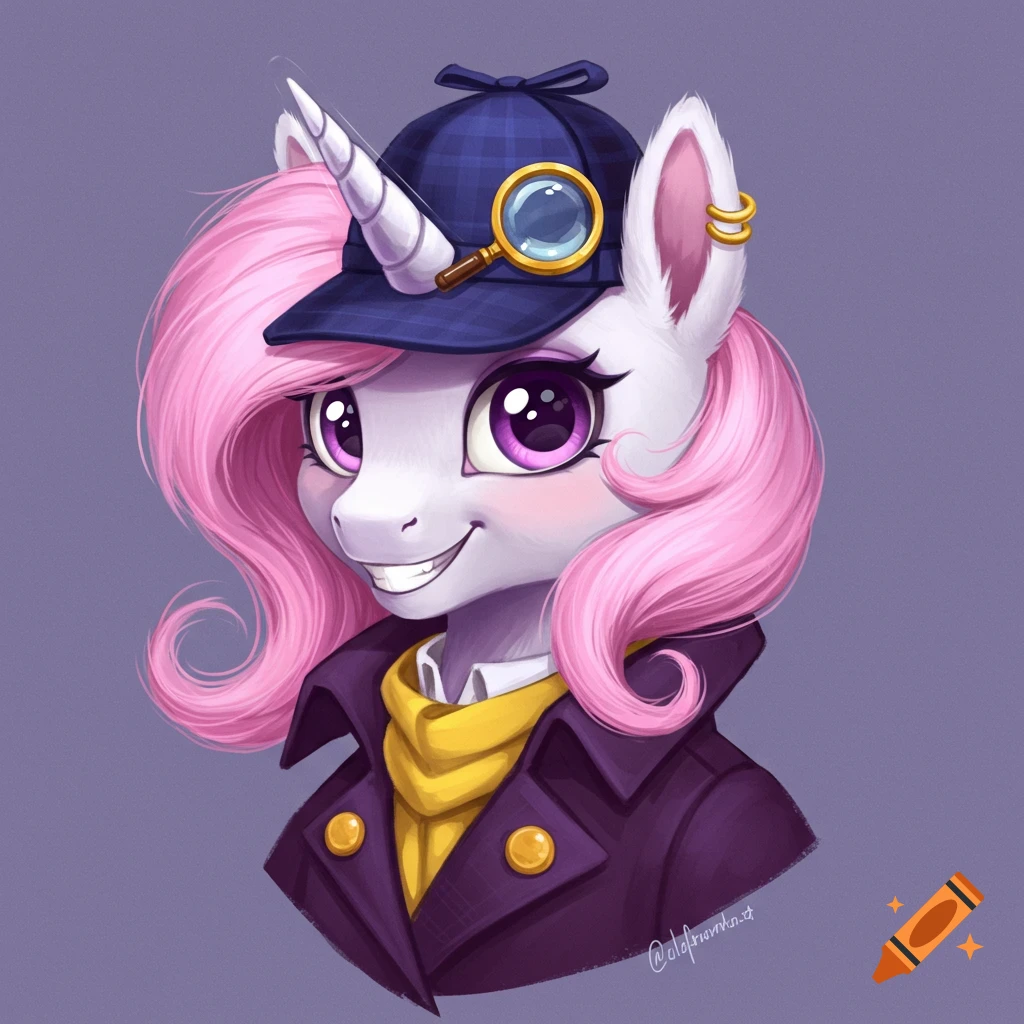 Cartoon unicorn detective wearing a plaid hat, trench coat, and yellow scarf, holding a magnifying glass.