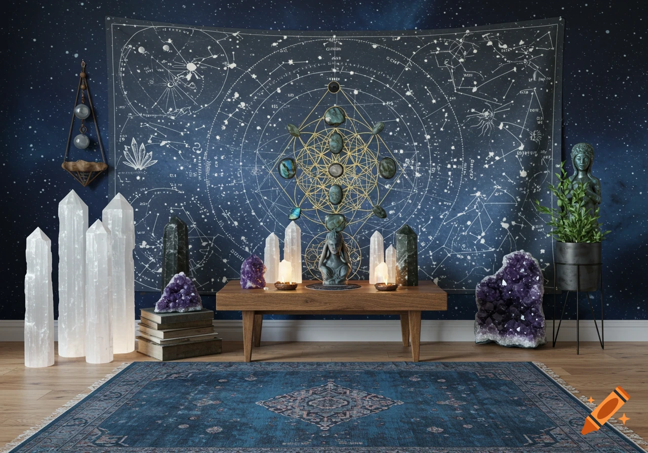 A spiritual room with a starry tapestry, crystal grid altar, goddess statue, selenite towers, and a blue rug.
