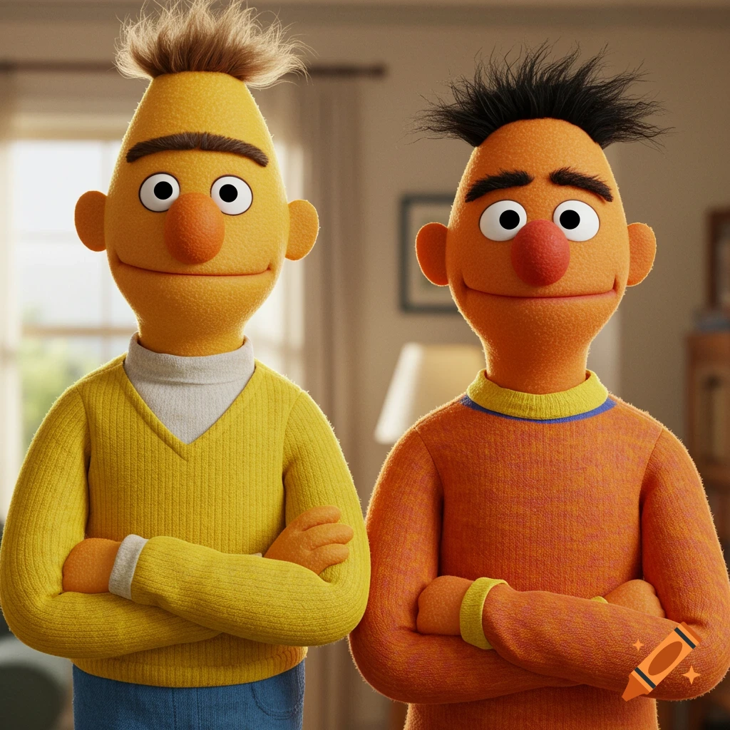 Realistic rendering of two men resembling Bert and Ernie standing with arms crossed.