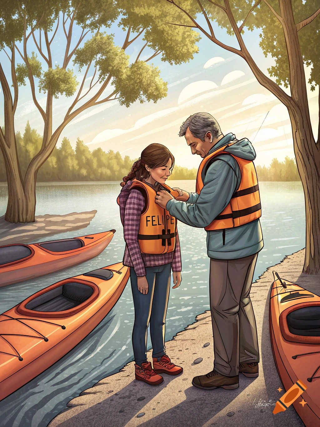 Dad putting a life jacket on his daughter next to kayaks by a lake, illustration.