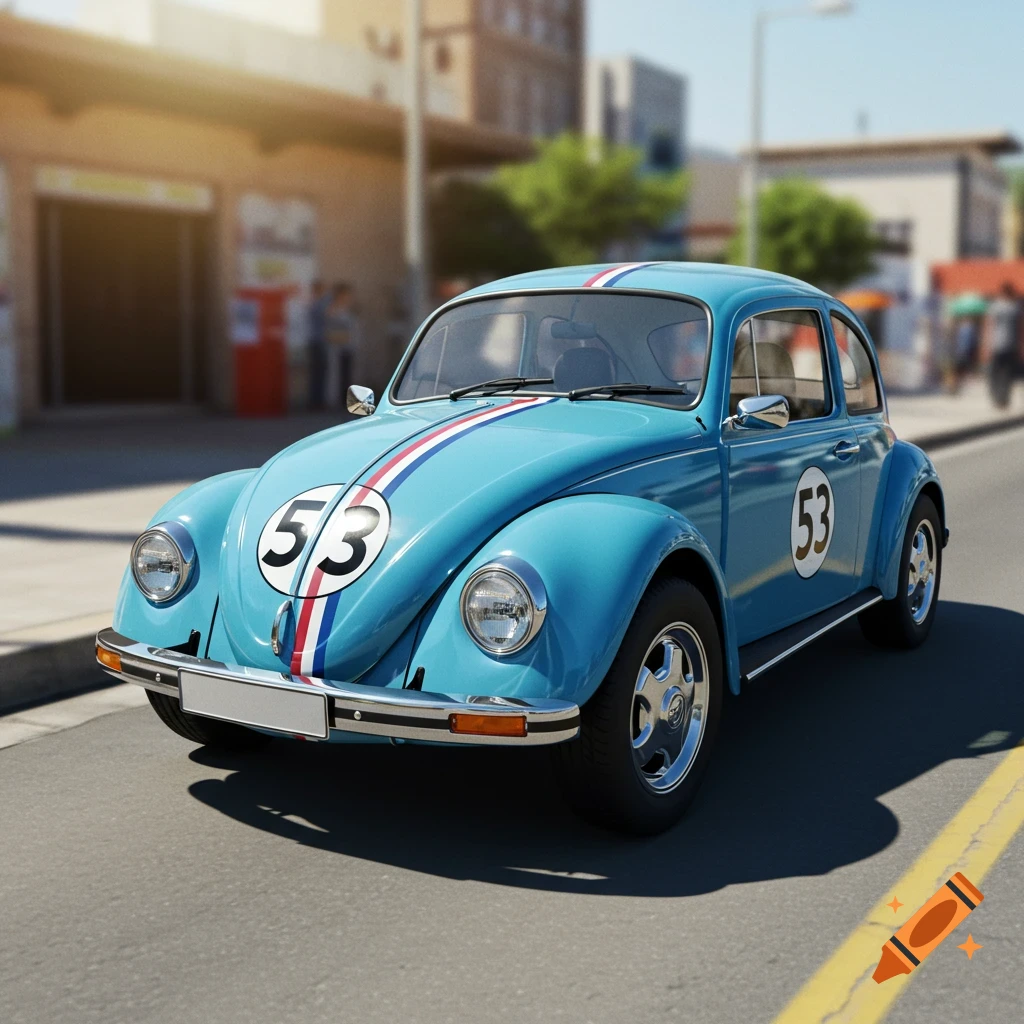 A blue Volkswagen Beetle with racing stripes and number 53 on the hood and side drives on a street.