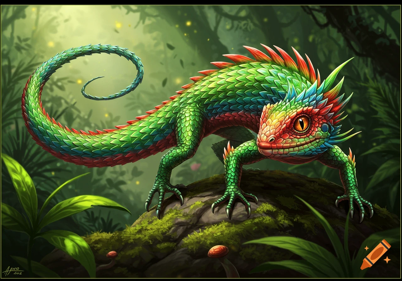 Colorful fantasy lizard in a lush jungle illustration