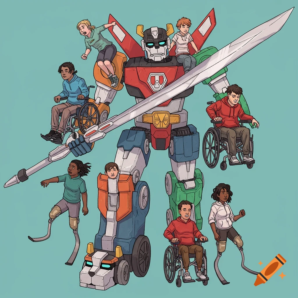 A colorful illustration of people with disabilities around a large Voltron robot.