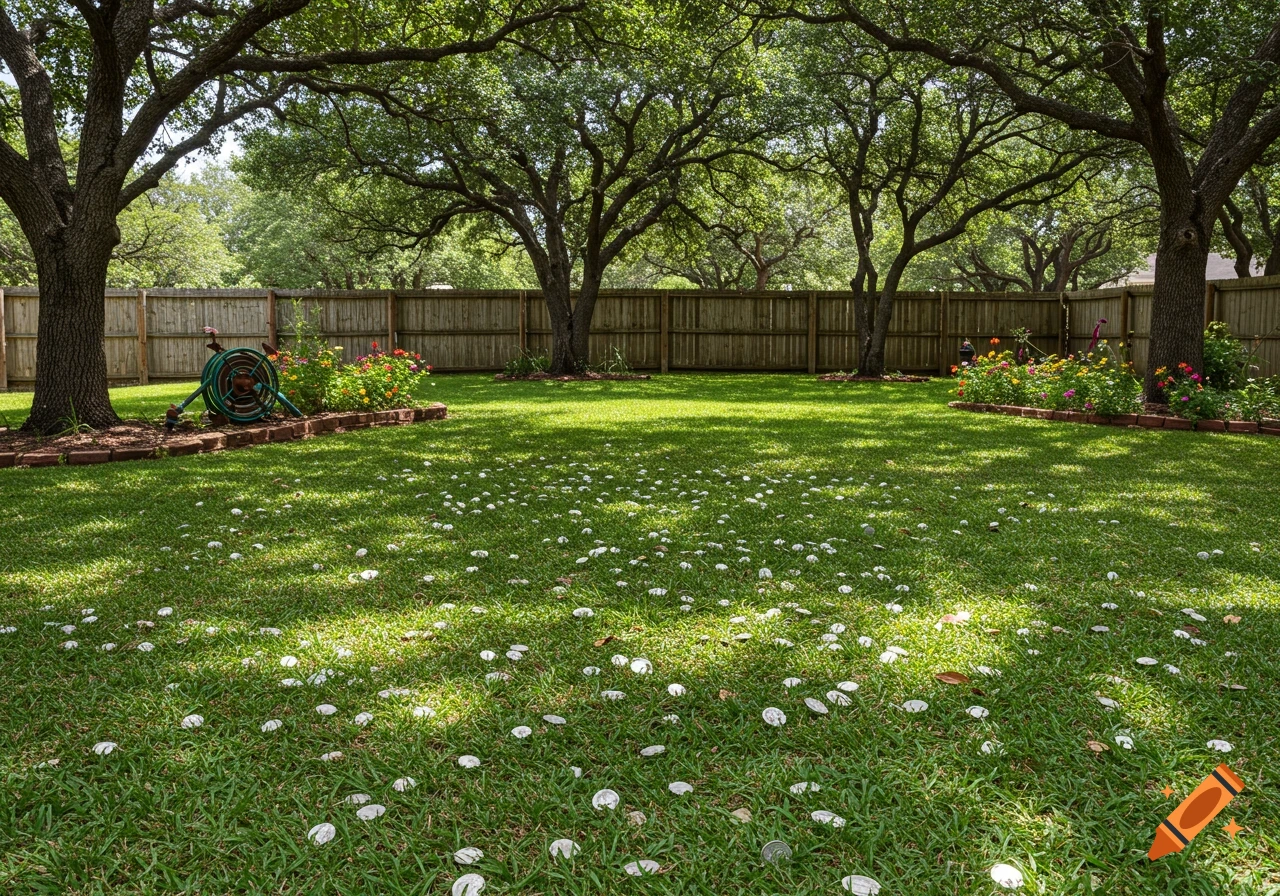 A backyard with large trees, a wooden fence, flower beds, and silver dollars scattered on the green grass.