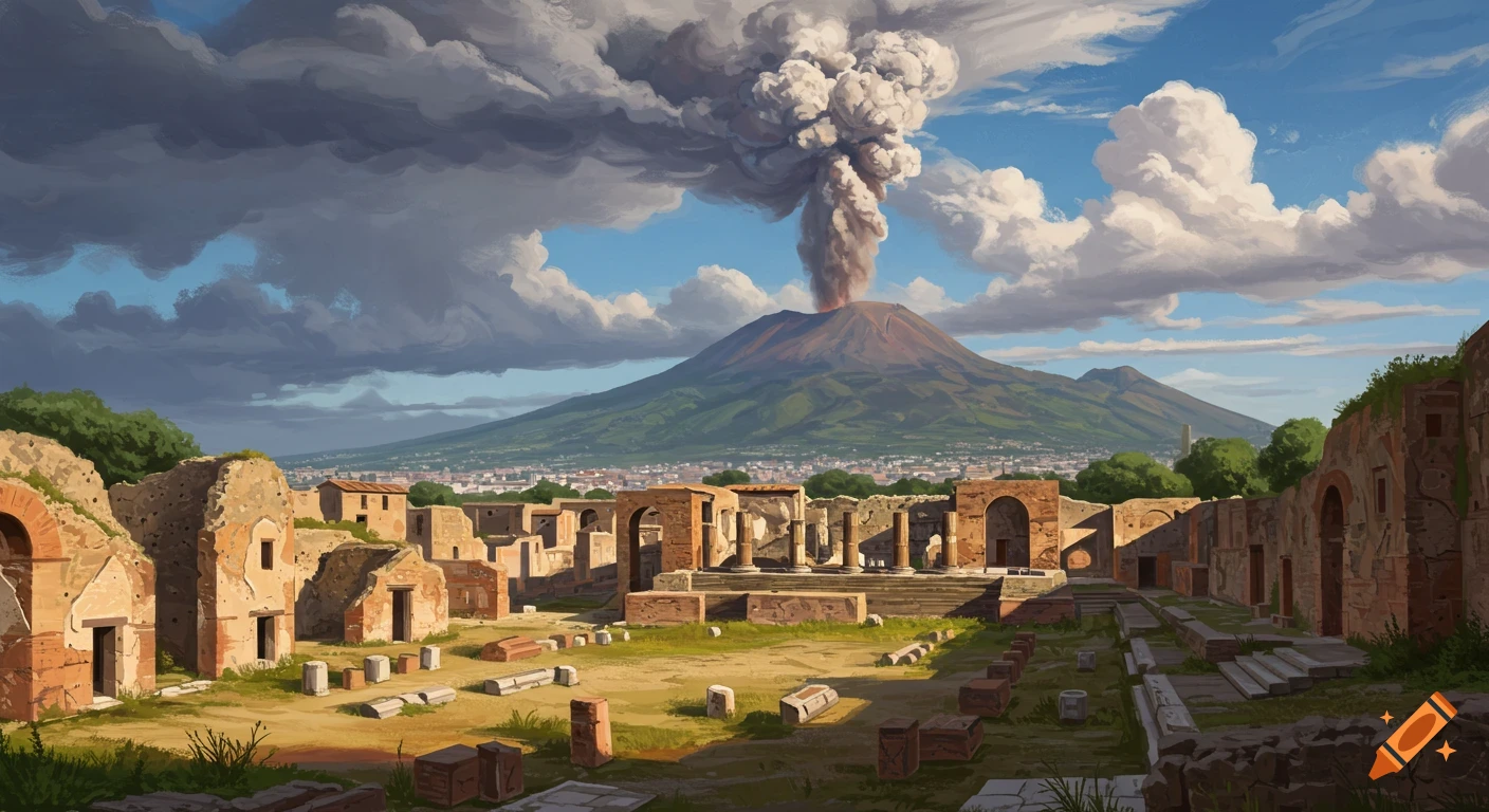 Ancient ruins of Pompeii with Mount Vesuvius erupting in the background under cloudy skies.