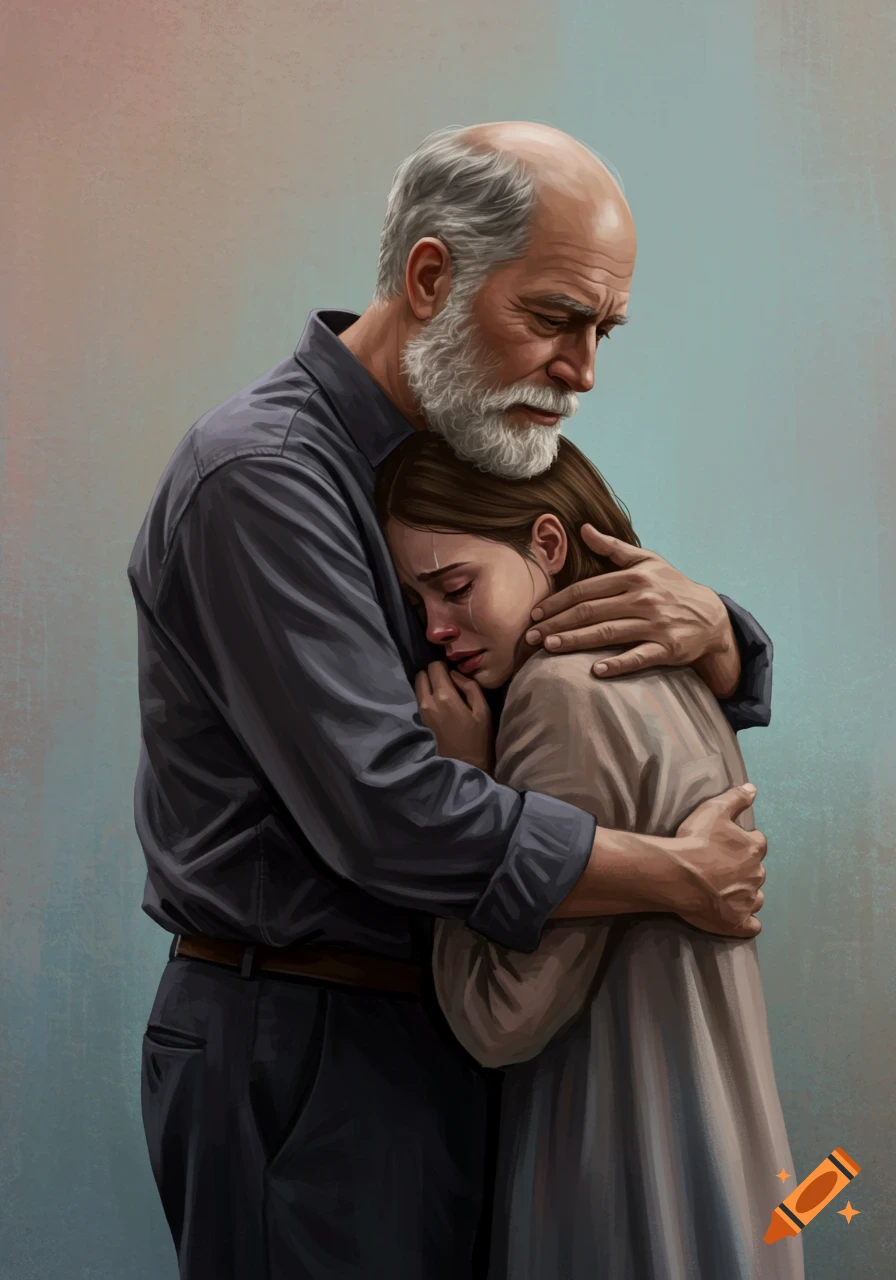 Older man hugging a crying young woman in a painterly style
