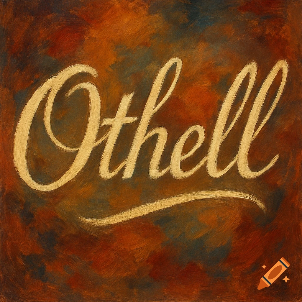 The word "Othell" in gold cursive script on a dark, textured background with red, orange, and blue brushstrokes, in a painterly style.