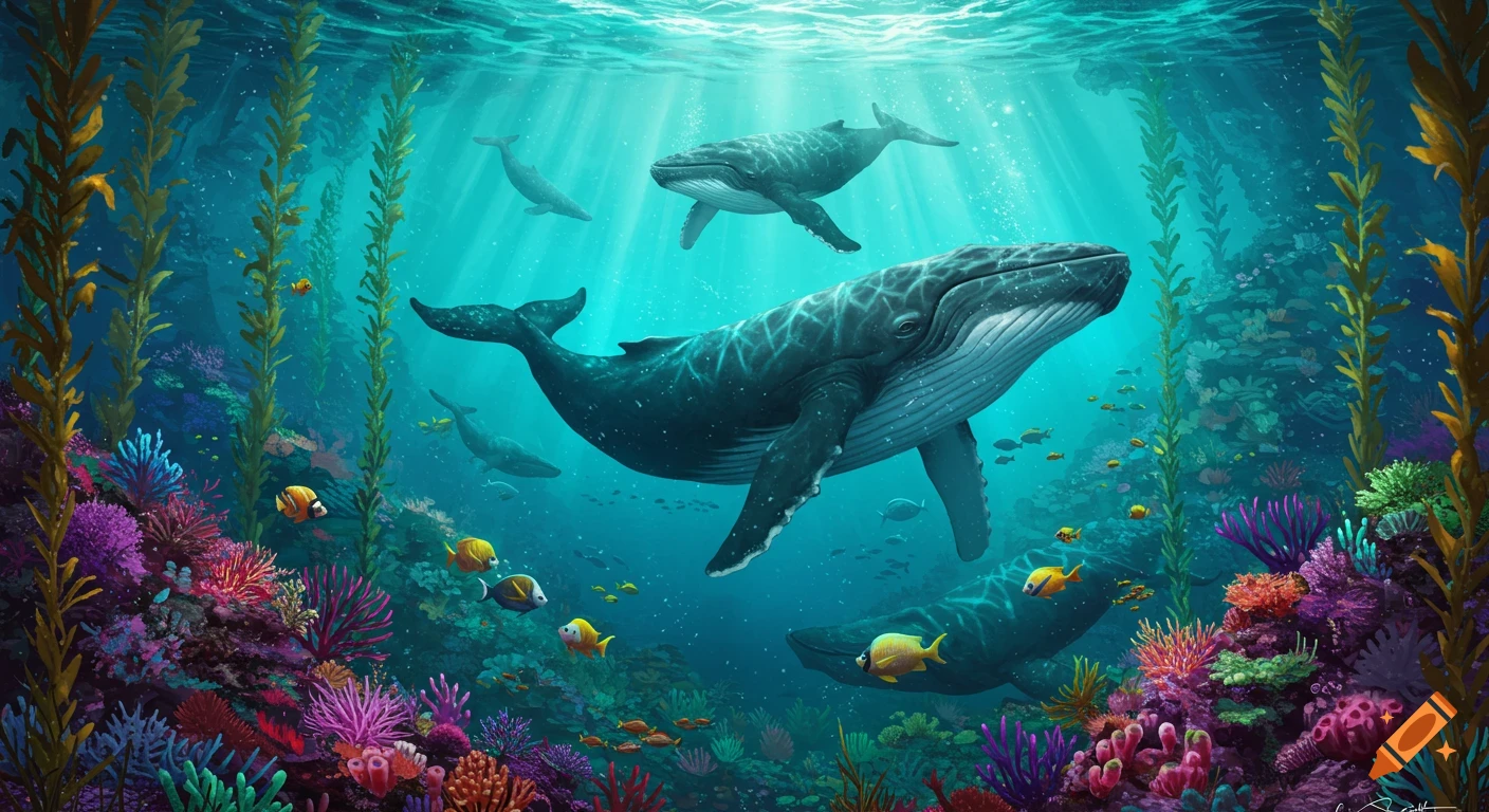 Several humpback whales swim through a vibrant coral reef and kelp forest as sunlight streams from the surface.