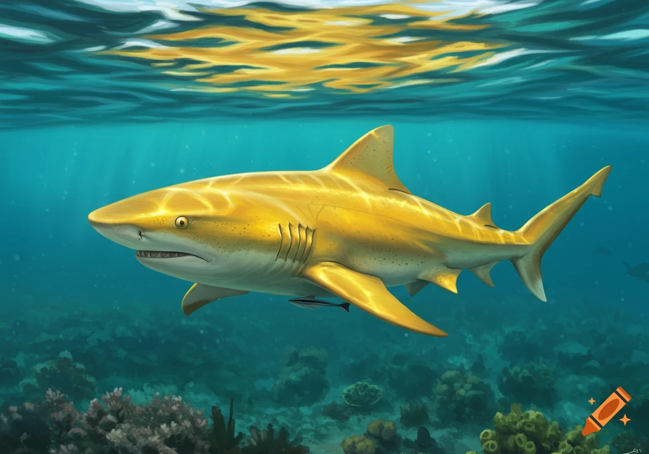 A golden shark swims above a coral reef underwater.
