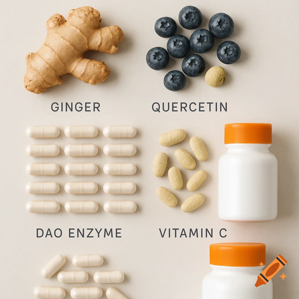 Flat lay of ginger, blueberries, capsules, pills, and supplement bottles with labels.