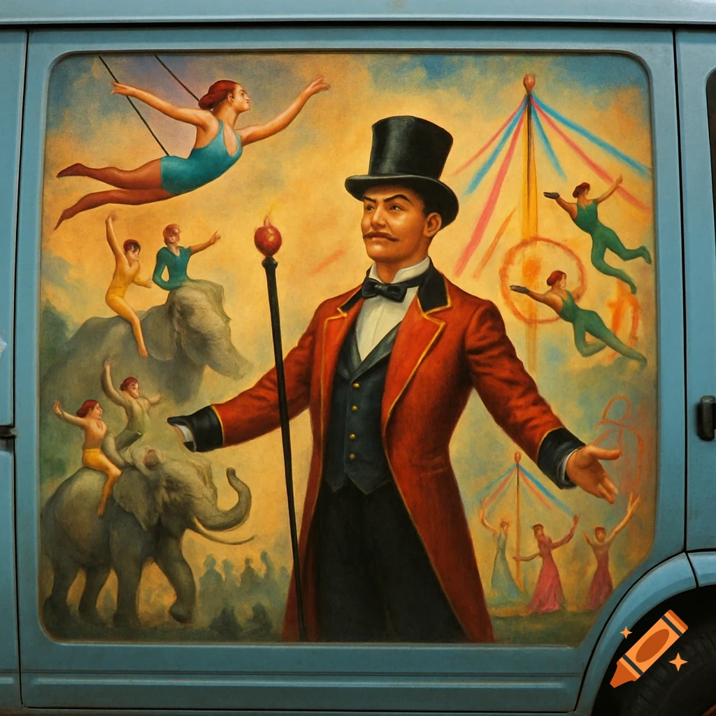 Painting of a circus scene on a van with a ringmaster, acrobats, and elephants.