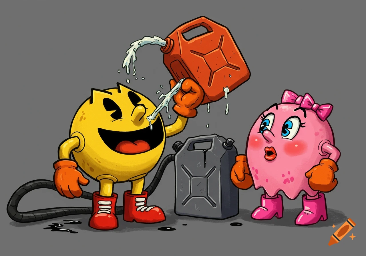 Pac-Man pouring liquid from a gas can into his mouth, Ms. Pac-Man watching in a cartoon style