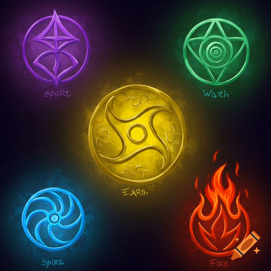 Illustration of five colorful abstract symbols representing elements like Spirit, Earth, and Fire, against a dark background.