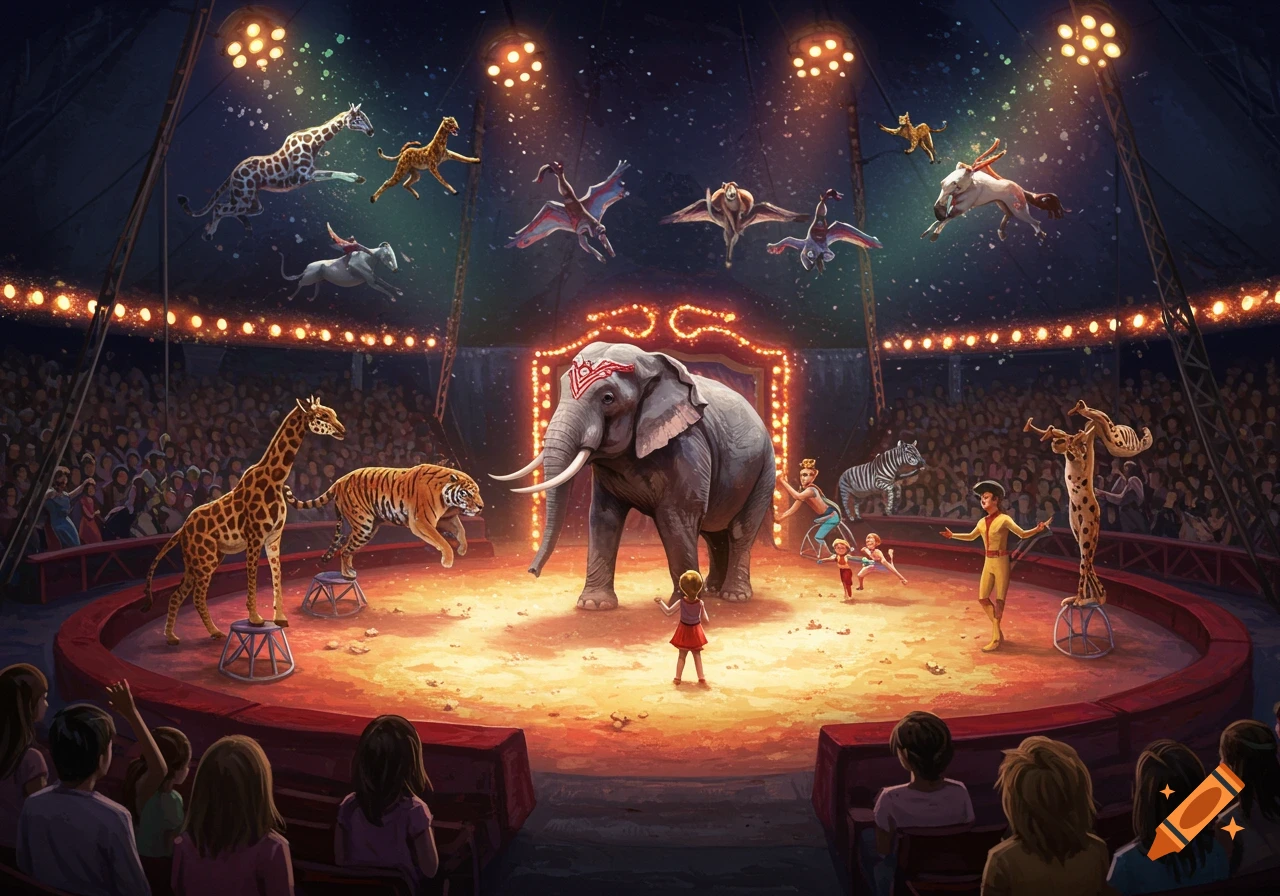 Illustration of animals and performers in a circus ring with a crowd watching.